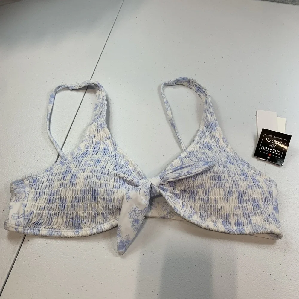 Salt & Cove Junior's Swim Bikini Top XL Toile Blue Floral Smocked Bow Cornflower